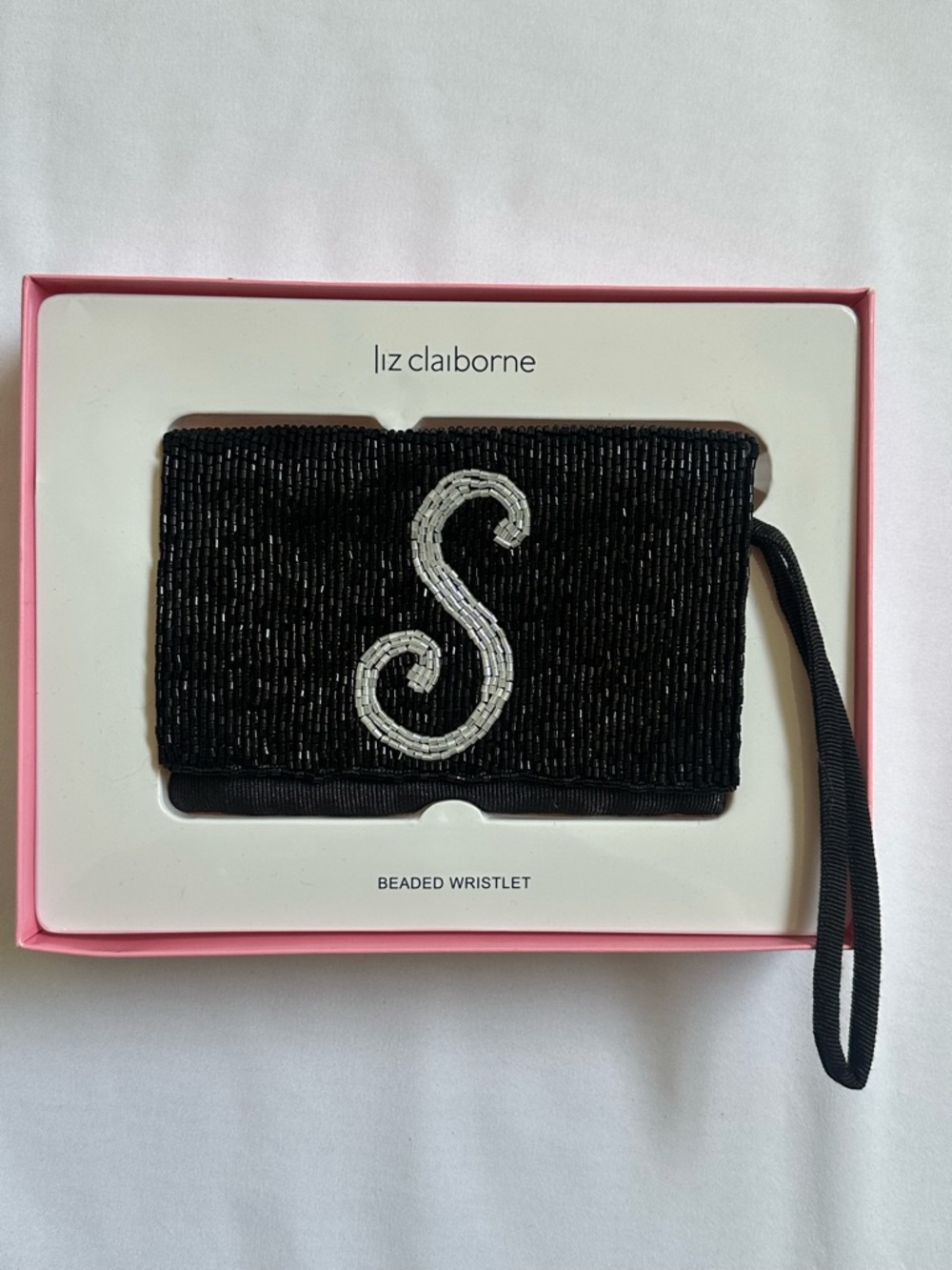 Liz Claiborne Black Beaded Wristlet with White Beaded "S" Initial